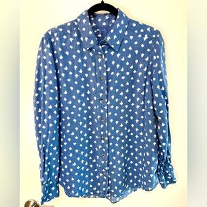 M&S Pure Linen Button Front Shirt Blue White Ikat Dot Print Size 12 US 8